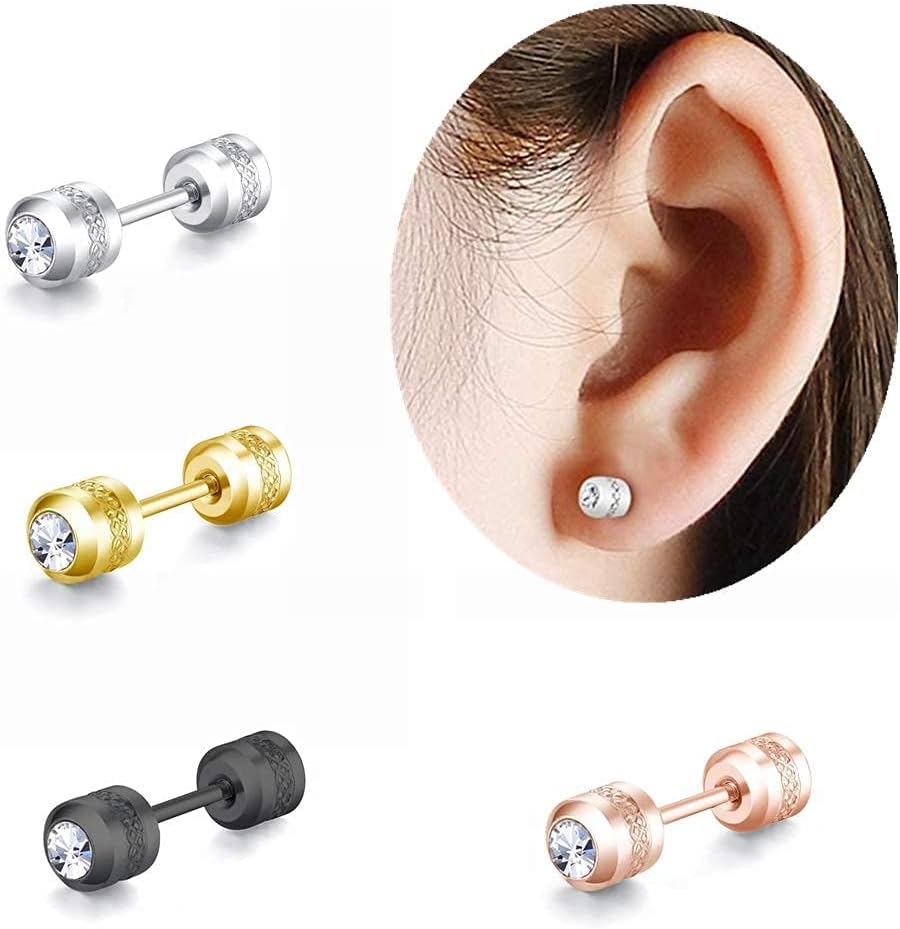 4 Pairs Titanium Screw Back Round Stud Earrings Set for Women Men, Hypoallergenic Surgical Stainless Steel Double Sided Cubic Zirconia Earrings for Sensitive Ears