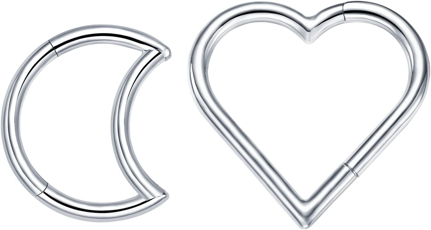 2 Pcs G23 Titanium Heart Daith Piercing Jewelry Rook Tragus Clicker Ring Cartilage Earrings 16G