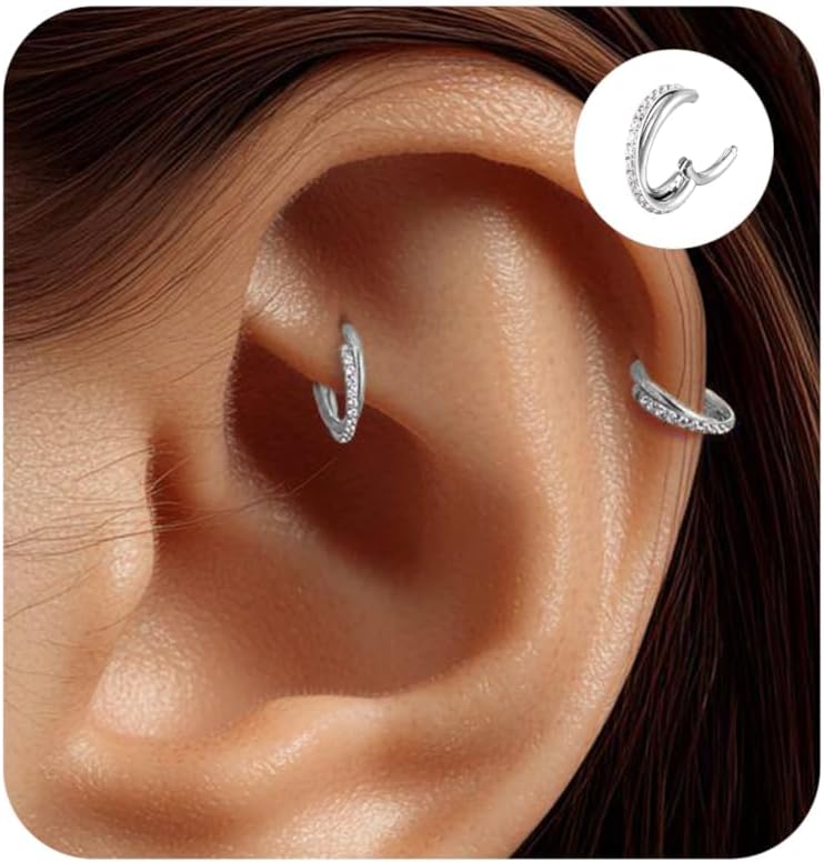 2PCS Cartilage Helix Piercing Earrings For Women Titanium Rook Jewelry Small Double Hoop Conch 16G Tragus 14K Gold Plated Hypoallergenic For Sensitive Ears