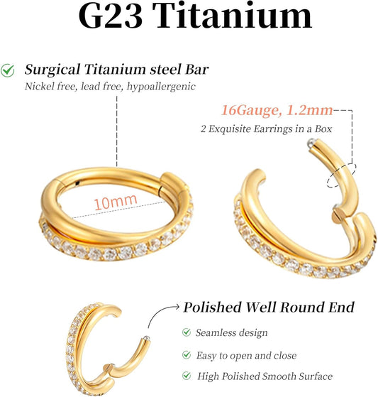 2PCS Cartilage Helix Piercing Earrings For Women Titanium Rook Jewelry Small Double Hoop Conch 16G Tragus 14K Gold Plated Hypoallergenic For Sensitive Ears