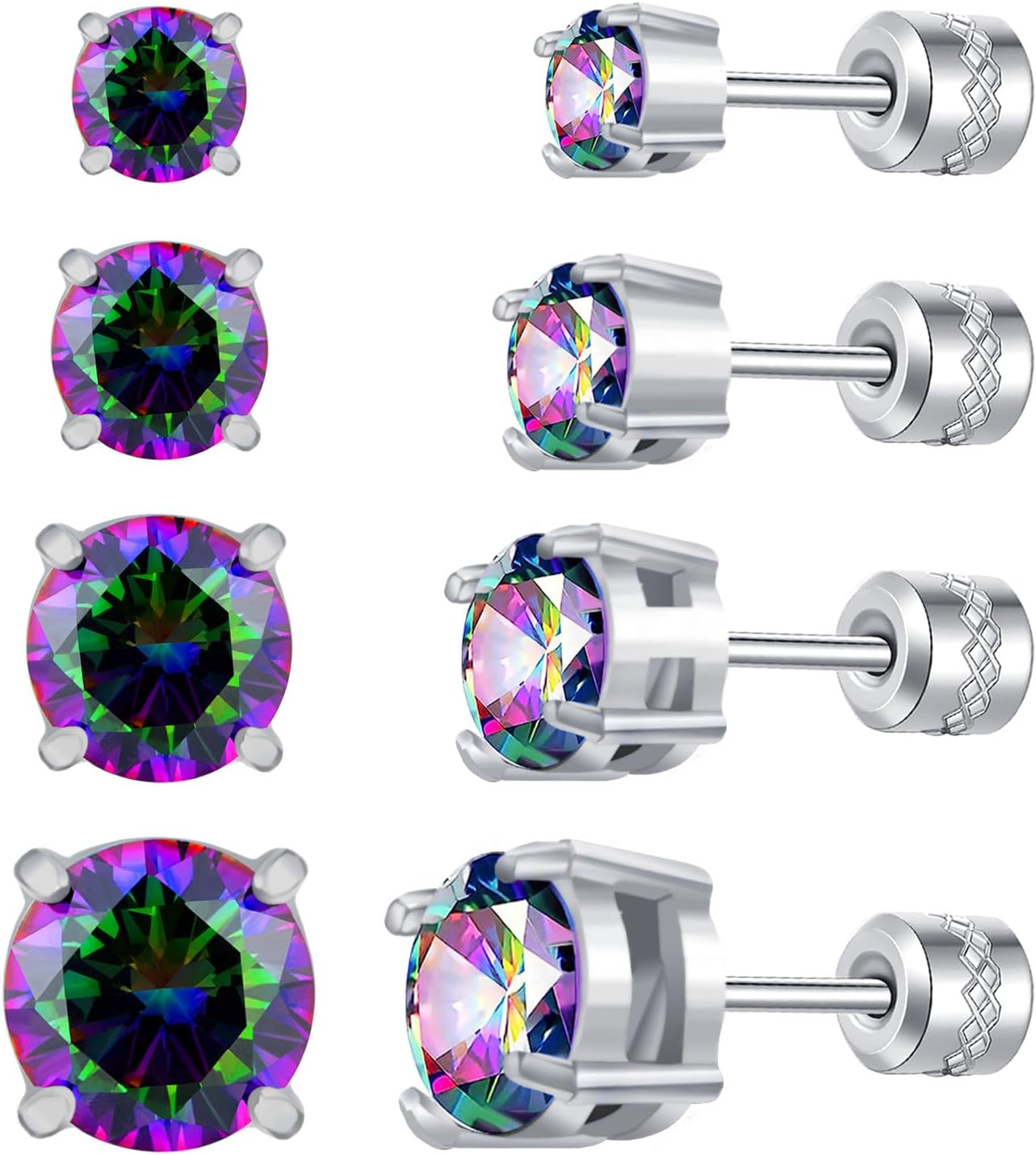 4 Pairs Titanium Hypoallergenic Earrings for Sensitive Ears,Rainbow 5A Cubic Zirconia Screw Back Stud Earrings for Women Men Surgical Stainless Steel Double Side Earrings Piercing