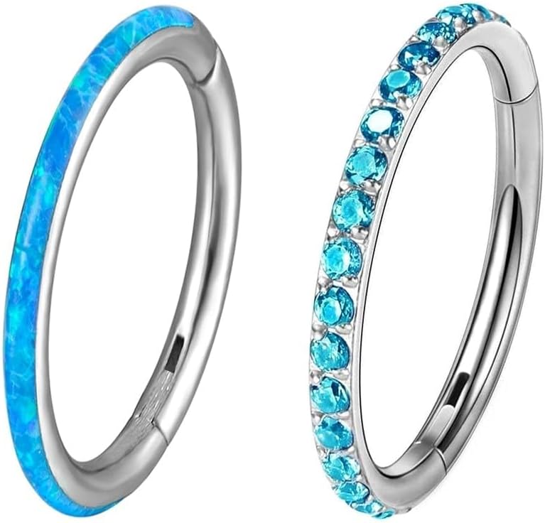 2pc G23 Titanium 16G 6/8/10/12mm Nose Ring Opal Multi Zircon Hoop Hinge Septum Ear Lobe Daith Body Piercing