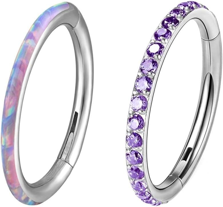 2pc G23 Titanium 16G 6/8/10/12mm Nose Ring Opal Multi Zircon Hoop Hinge Septum Ear Lobe Daith Body Piercing