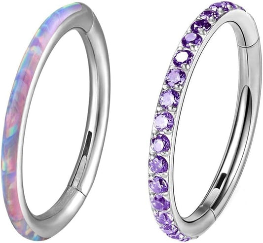 2pc G23 Titanium 16G 6/8/10/12mm Nose Ring Opal Multi Zircon Hoop Hinge Septum Ear Lobe Daith Body Piercing