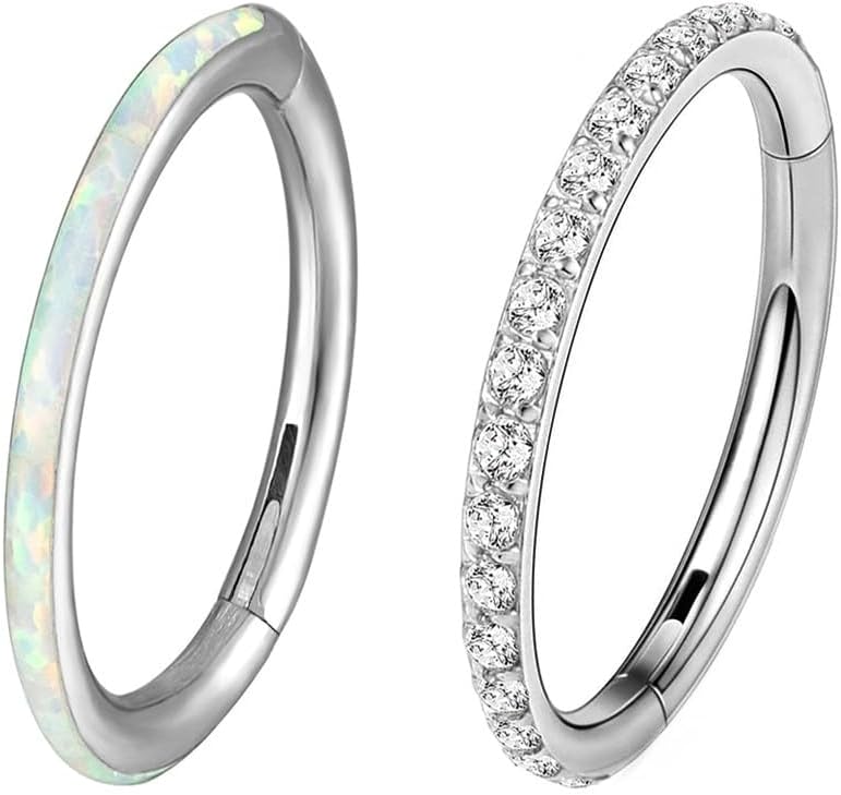 2pc G23 Titanium 16G 6/8/10/12mm Nose Ring Opal Multi Zircon Hoop Hinge Septum Ear Lobe Daith Body Piercing