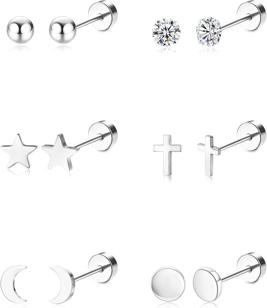 6 Pairs G23 Titanium Earrings for Women & Men, Hypoallergenic Flat Back Stud Earrings with Moon Star CZ Designs, Titanium Screw Back Cartilage Earrings Set for Sensitive Ears