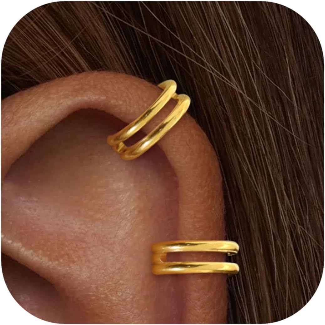 2 PCS Small Cartilage Double-Hoop Helix Conch Piercing Earrings With Cubic Zirconia For Women Trendy 14K Gold Plated Titanium Surgical Stainless Steel Sets Jewelry