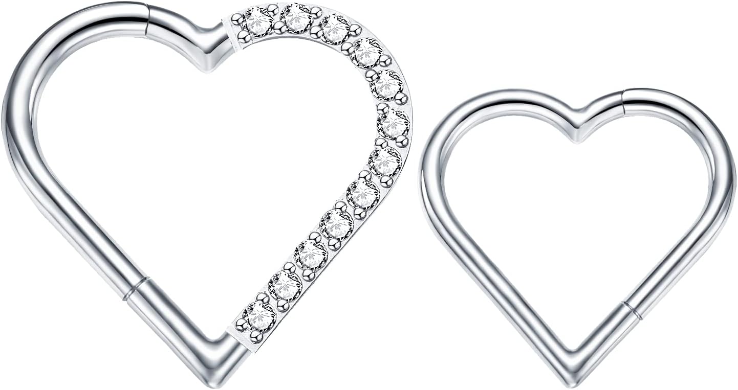 2 Pcs G23 Titanium Heart Daith Piercing Jewelry Rook Tragus Clicker Ring Cartilage Earrings 16G