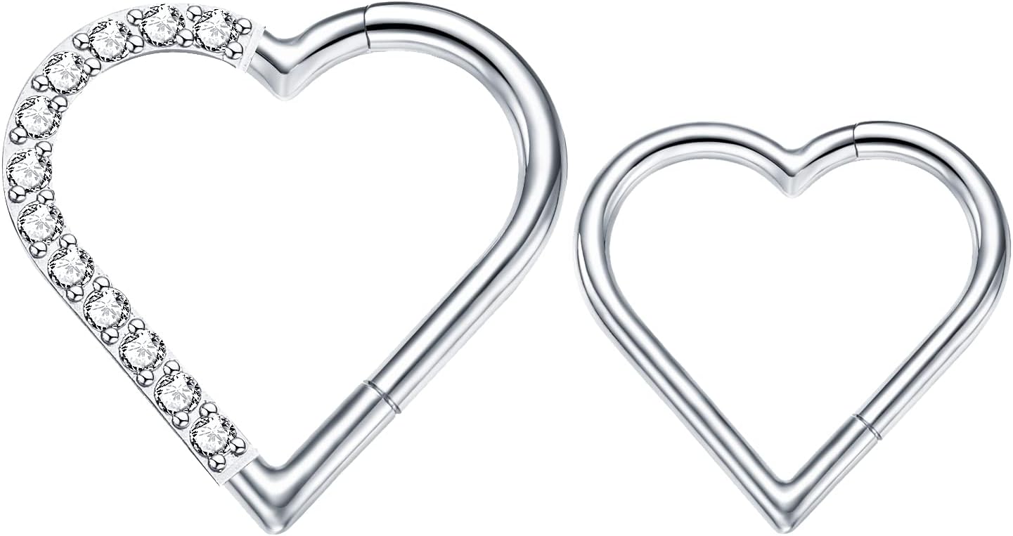 2 Pcs G23 Titanium Heart Daith Piercing Jewelry Rook Tragus Clicker Ring Cartilage Earrings 16G