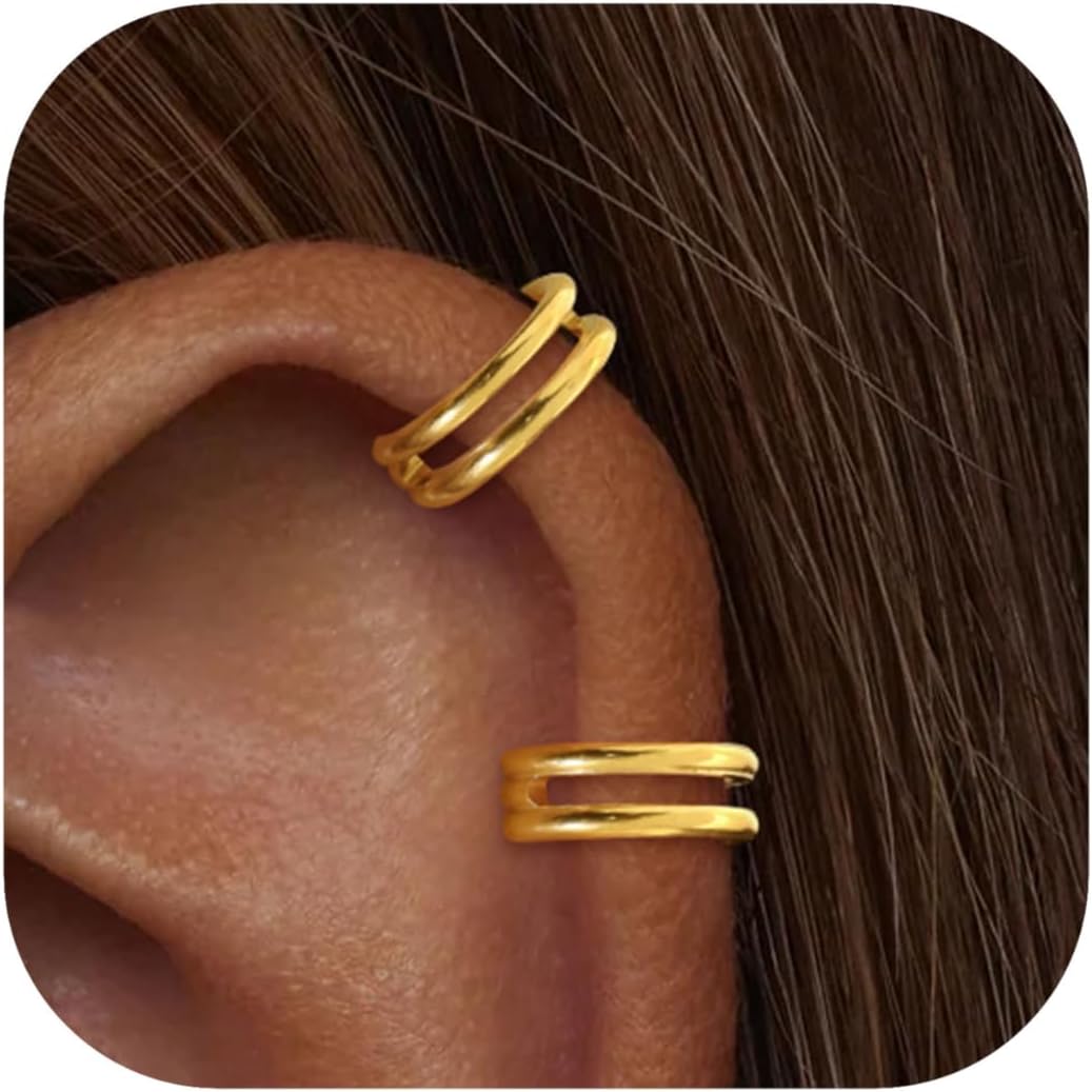 2 PCS Small Cartilage Double-Hoop Helix Conch Piercing Earrings With Cubic Zirconia For Women Trendy 14K Gold Plated Titanium Surgical Stainless Steel Sets Jewelry