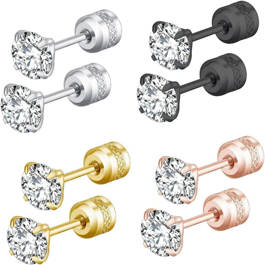 4 Pairs Titanium Screw Back Round Stud Earrings Set for Women Men, Hypoallergenic Surgical Stainless Steel Double Sided Cubic Zirconia Earrings for Sensitive Ears