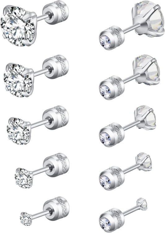 5 Pairs Stud Earrings Colorful Cubic Zirconia Stainless Steel Stud Earring Hypoallergenic Screw Back Earrings Double Side Piercing Earrings Gifts for Women Mother's Day