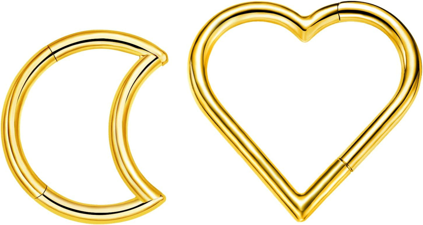 2 Pcs G23 Titanium Heart Daith Piercing Jewelry Rook Tragus Clicker Ring Cartilage Earrings 16G