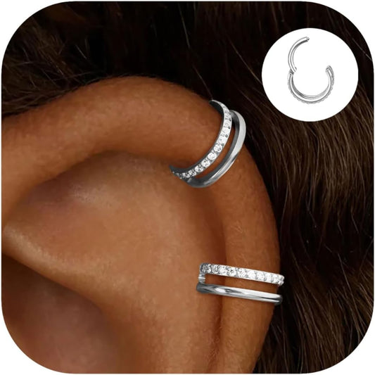 2 PCS Small Cartilage Double-Hoop Helix Conch Piercing Earrings With Cubic Zirconia For Women Trendy 14K Gold Plated Titanium Surgical Stainless Steel Sets Jewelry