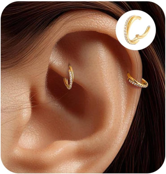 2PCS Cartilage Helix Piercing Earrings For Women Titanium Rook Jewelry Small Double Hoop Conch 16G Tragus 14K Gold Plated Hypoallergenic For Sensitive Ears