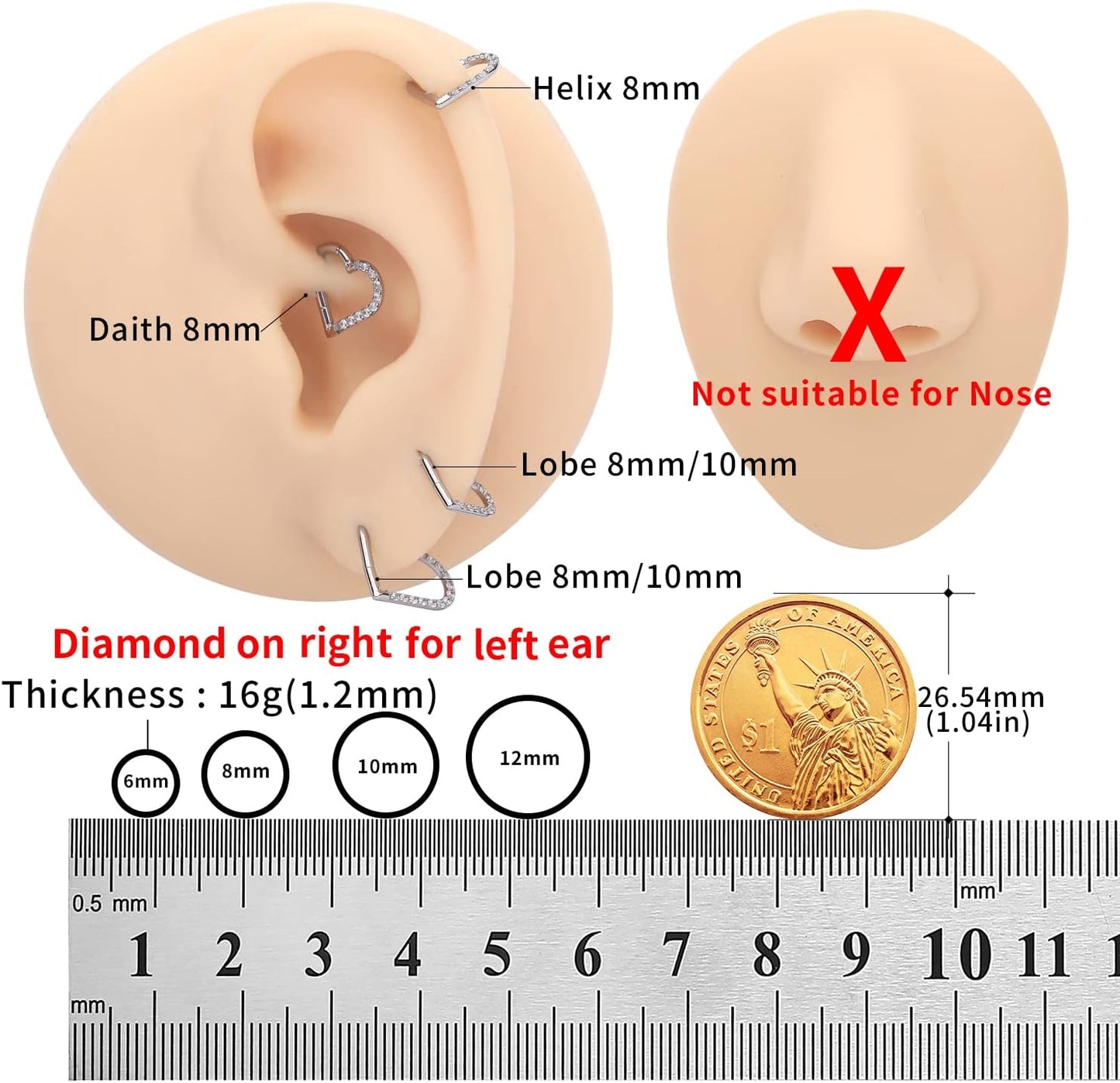 2 Pcs G23 Titanium Heart Daith Piercing Jewelry Rook Tragus Clicker Ring Cartilage Earrings 16G