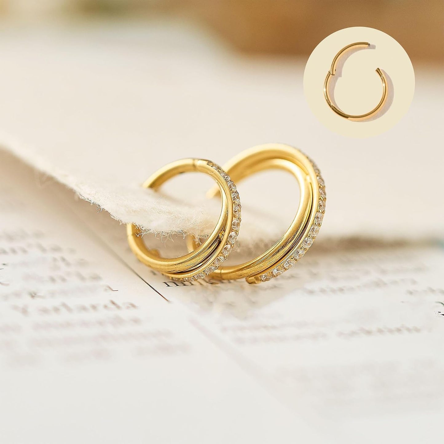 2PCS Cartilage Helix Piercing Earrings For Women Titanium Rook Jewelry Small Double Hoop Conch 16G Tragus 14K Gold Plated Hypoallergenic For Sensitive Ears