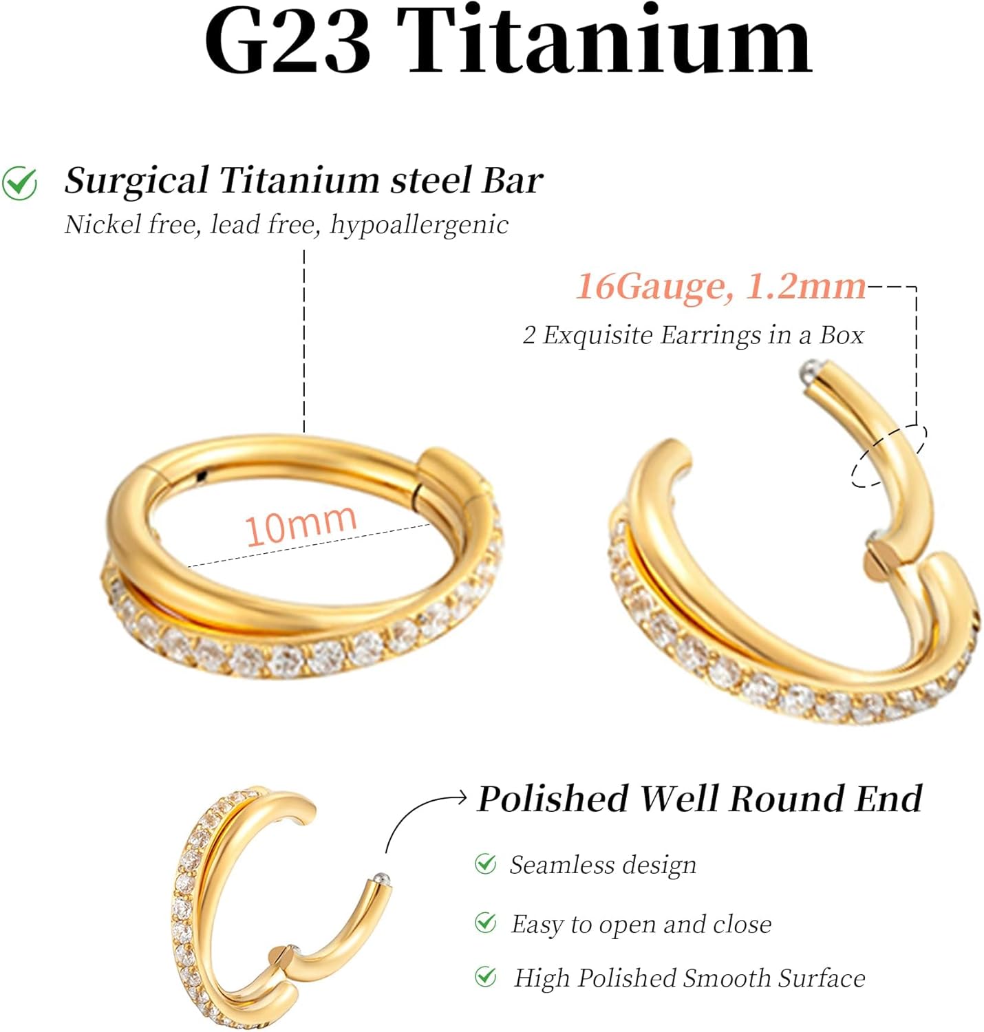 2PCS Cartilage Helix Piercing Earrings For Women Titanium Rook Jewelry Small Double Hoop Conch 16G Tragus 14K Gold Plated Hypoallergenic For Sensitive Ears