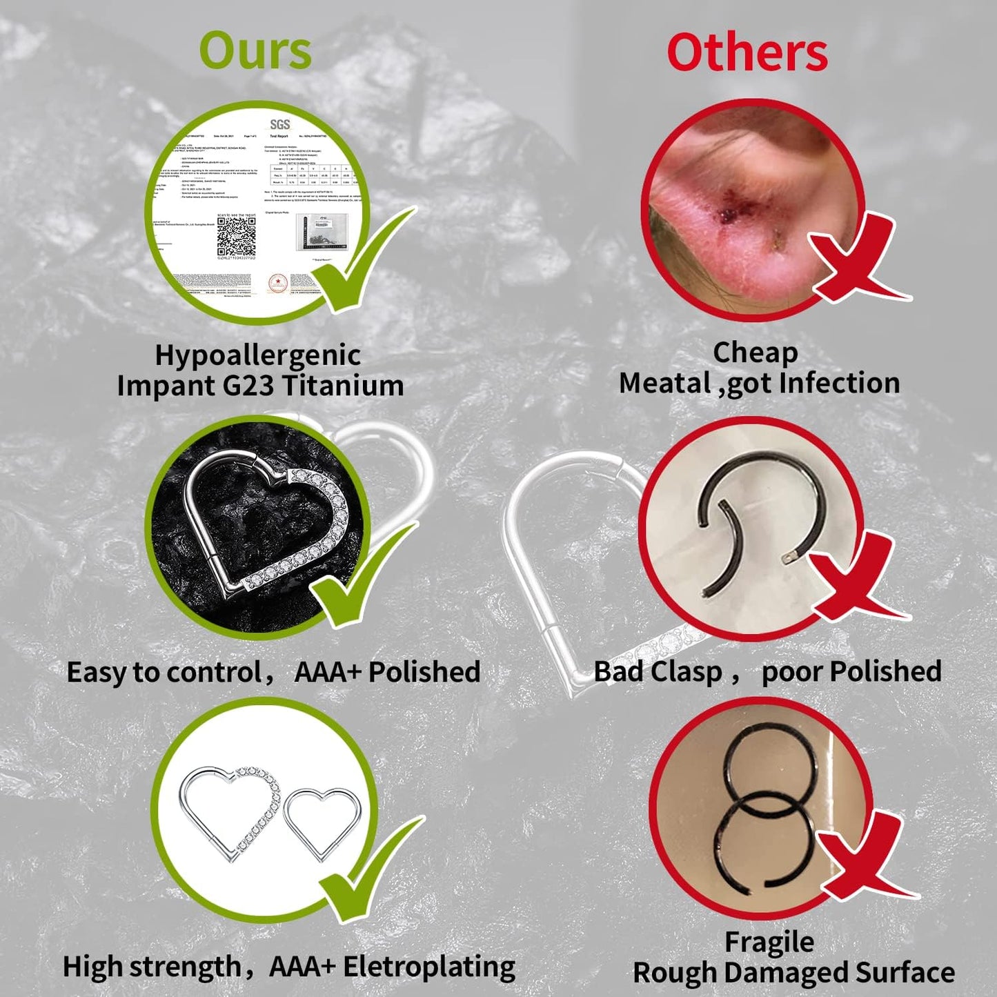 2 Pcs G23 Titanium Heart Daith Piercing Jewelry Rook Tragus Clicker Ring Cartilage Earrings 16G