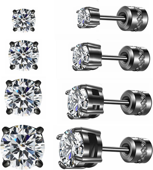 4 Pairs Titanium Hypoallergenic Earrings for Sensitive Ears,Rainbow 5A Cubic Zirconia Screw Back Stud Earrings for Women Men Surgical Stainless Steel Double Side Earrings Piercing