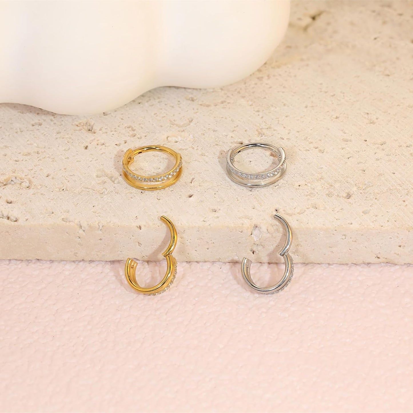 2 PCS Small Cartilage Double-Hoop Helix Conch Piercing Earrings With Cubic Zirconia For Women Trendy 14K Gold Plated Titanium Surgical Stainless Steel Sets Jewelry